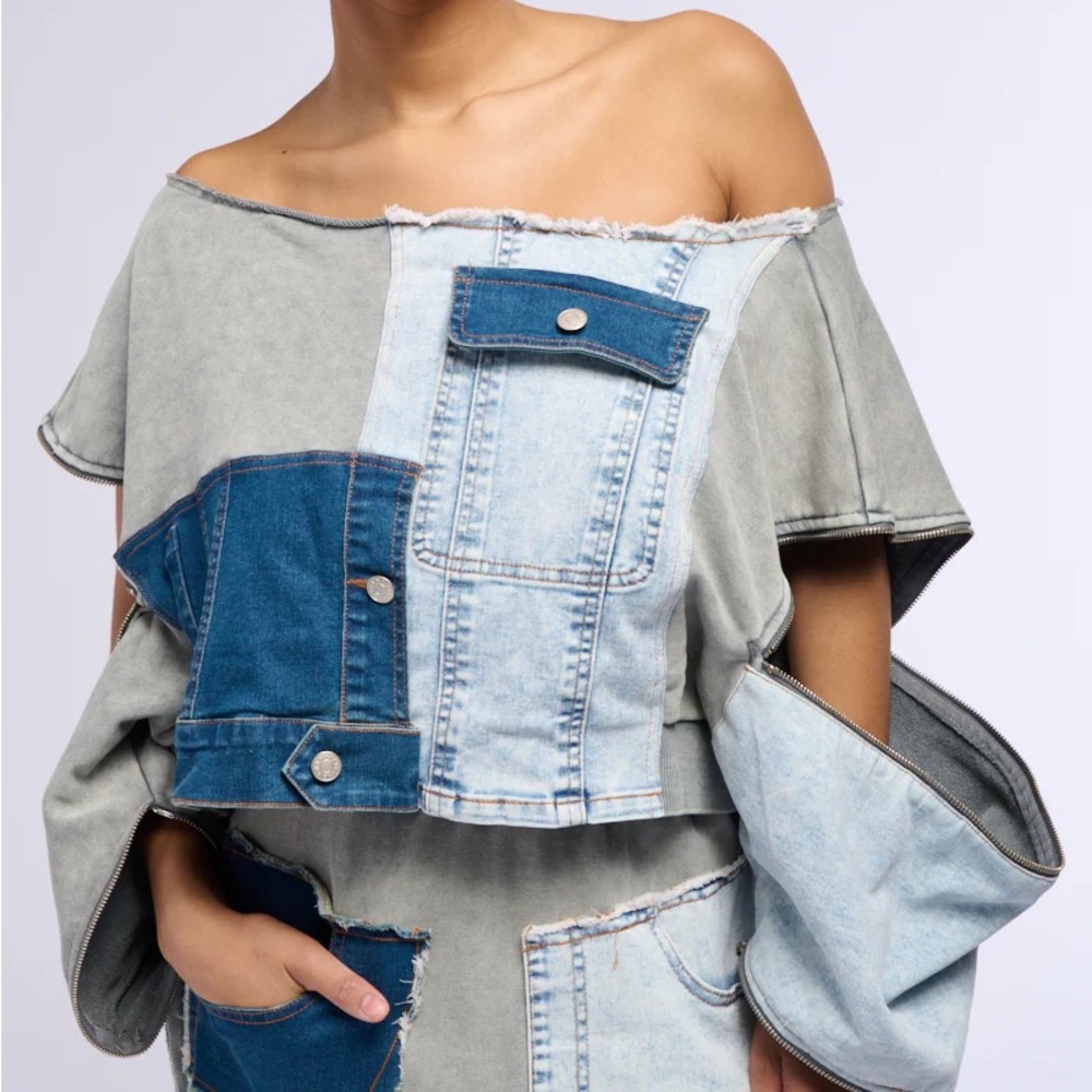 Patchwork Denim Off-Shoulder Top